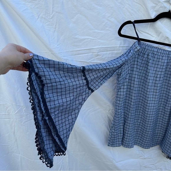 NWT Anthropologie Blue Plaid Off the Shoulder Peasant Top Bell Sleeve Large 0035 - Picture 6 of 8